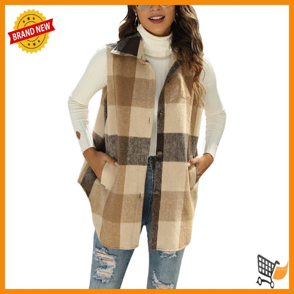 Women's Flannel Plaid Vest Sleeveless Button Down Shirt Jacket Pockets